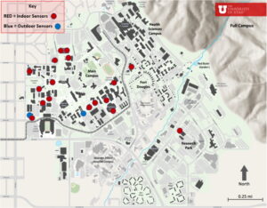 Map of the University of Utah campus showing the locations of the 17 indoor and two outdoor sensors.